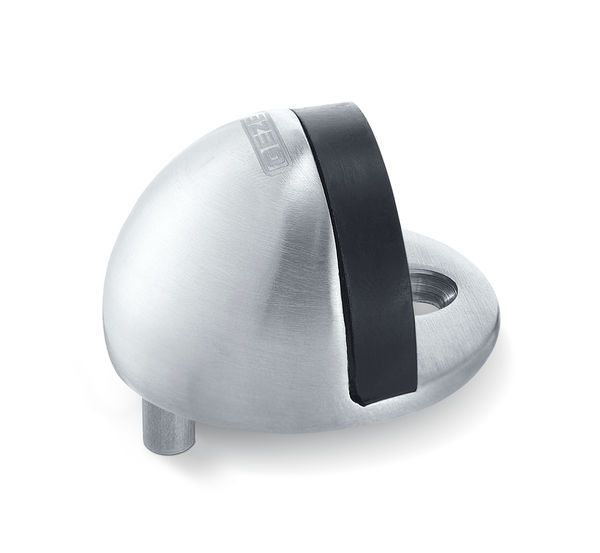Butoir de porte en acier inoxydable brossé avec bande de caoutchouc noir.